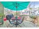 Outdoor patio with shade umbrella and table, surrounded by colorful foliage and greenery at 66 Goldrush Ne Cir, Atlanta, GA 30328