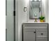 Bathroom featuring modern vanity with gray cabinets, stylish mirror and fixtures at 236 Barfield Sw Ave, Atlanta, GA 30310