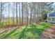 Green backyard with mature trees and partial view of the house at 245 Dennis Dr, Alpharetta, GA 30009