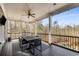 Inviting outdoor patio with covered ceiling, ceiling fan, exterior railing, and forest view at 12710 Old Surrey Pl, Roswell, GA 30075