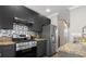 Kitchen featuring stainless steel appliances, granite countertops, gray cabinets and tile backsplash at 735 Ponce De Leon Ne Pl, Atlanta, GA 30306