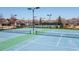 Close-up of the tennis courts with pristine nets and lighting for evening play with neighborhood in the background at 2401 Day Break Way, Dacula, GA 30019