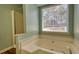 Bathroom with a shower and soaking tub in front of the window at 3280 Spincaster Way, Loganville, GA 30052
