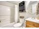 Bathroom featuring shower, wood vanity, and a medicine cabinet at 3280 Spincaster Way, Loganville, GA 30052