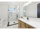 Modern bathroom featuring a glass-enclosed shower, neutral color palette, and a contemporary vanity at 3057 Bold Springs Rd, Dacula, GA 30019