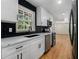 Modern kitchen features white cabinetry, black backsplash, stainless steel appliances, and a sleek design at 546 Milligan Dr, Stone Mountain, GA 30083