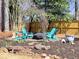 Cozy backyard seating area with teal Adirondack chairs and fire pit at 3304 Woolbridge Ct, Marietta, GA 30062