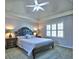 Comfortable bedroom with ceiling fan, window with shutters, nightstands, lamps and queen bed at 3304 Woolbridge Ct, Marietta, GA 30062