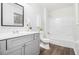 Lovely bathroom features a shower-tub combo and single sink vanity with wood-style floors at 6615 Buckhurst Trl, Atlanta, GA 30349