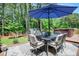 Outdoor dining with umbrella overlooks backyard with hot tub and mature trees at 97 Old Burnt Hickory Rd, Acworth, GA 30101