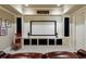 This theater room features a large screen, stylish black and white decor, and comfortable seating at 938 Crescent River Pass, Suwanee, GA 30024