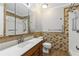 Bathroom with tiled accents, grab bars, and shower at 326 Bethel Dr, Woodstock, GA 30189