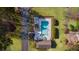 Aerial view of the community pool, pool house, and surrounding green space at 326 Bethel Dr, Woodstock, GA 30189