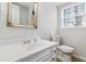 Clean bathroom featuring a white vanity, toilet, mirror, and natural light at 4555 Cedar Heights Ct, Stone Mountain, GA 30083