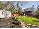 Serene backyard with a fire pit, stone accents, lush lawn, and a two-story home with a covered patio at 625 Glenwood Se Pl, Atlanta, GA 30316