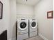 Modern laundry room features a Whirlpool washer and dryer, with a wire shelf for storage at 2537 Oak Barrel Dr, Snellville, GA 30078