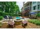 Serene backyard featuring a pool, fire pit, seating area, and lush landscaping, perfect for outdoor living at 5053 Chapel Xing, Douglasville, GA 30135