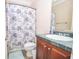 Cozy bathroom with a vanity, toilet, and a shower with floral Postcard-themed curtain at 5053 Chapel Xing, Douglasville, GA 30135