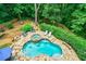 A beautiful inground pool is surrounded by stone and lush foliage with a secluded hot tub in a wooded backyard setting at 5053 Chapel Xing, Douglasville, GA 30135