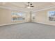 Bright primary bedroom showcasing large windows, cozy carpet, and tray ceiling at 3070 Staglin Dr, Powder Springs, GA 30127