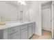 Bright bathroom with modern gray cabinets, neutral countertop, and a mirror to enhance the light at 7554 Crawford Ct, Fairburn, GA 30213