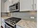 Close up of the kitchen with stainless steel appliances, granite countertops, and gray subway tile backsplash at 4498 Dunblane Ave, Sugar Hill, GA 30518