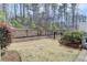 Fenced backyard featuring a gate, grassy area, and mature trees for privacy at 112 Calder Dr, Alpharetta, GA 30009