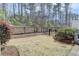 A grassy backyard is surrounded by a black metal fence and trees at 112 Calder Dr, Alpharetta, GA 30009