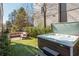 Backyard with a modern hot tub next to an outdoor seating area on artificial turf at 385 Rowes Cir, Alpharetta, GA 30009