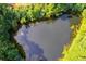 Aerial view of a pond surrounded by green vegetation, creating a serene and natural environment at 144 Bobs Sw Dr, Mableton, GA 30126