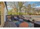 Relaxing back deck featuring an outdoor seating area and colorful rug, perfect for entertaining guests or enjoying peaceful moments at 2114 Fellowship Rd, Tucker, GA 30084