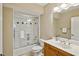 Bathroom featuring shower over tub, neutral tile floor, and wood-tone vanity with modern fixtures at 2039 Fisher Ne Trl, Atlanta, GA 30345