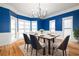 Dining room with blue accent walls, wainscotting, hardwood floors, windows, decorative lighting fixture, and dining table at 2533 Briers North Dr, Atlanta, GA 30360