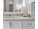 Close-up of bathroom vanity featuring a white countertop with sink, modern faucet, and white cabinets at 4655 Jett Rd, Atlanta, GA 30327