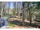 Scenic backyard view featuring a trampoline, storage shed, fire pit, and natural surroundings at 410 Killian Hill Sw Rd, Lilburn, GA 30047