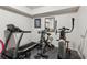 Home gym featuring a treadmill, stationary bike, weights, and mirrored wall at 4270 Pleasant Woods Dr, Cumming, GA 30028