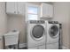 Functional laundry room includes modern washer, dryer and utility sink with plenty of storage at 3433 Pinemont Dr, Douglasville, GA 30135