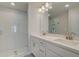 Bathroom with double sink vanity, white cabinets, and a glass-enclosed shower at 3336 Cranston Ln, Kennesaw, GA 30144