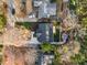 Aerial view of a charming home showcasing its roof, backyard with fire pit, and surrounding greenery at 993 Northrope Ne Dr, Atlanta, GA 30324