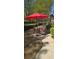 Outdoor patio area featuring a red umbrella with table and chairs perfect for enjoying outdoor dining and entertaining at 4809 Shae Ct, Powder Springs, GA 30127