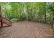 Backyard featuring a wooded area, deck, stairs, and lush, green ground covering at 31 Greenland Trce, Atlanta, GA 30342