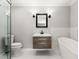 Modern bathroom featuring floating vanity, soaking tub, and walk-in shower at 270 Piedmont Ne Rd, Marietta, GA 30066