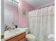 Pink bathroom featuring a vanity with a sink, toilet, and shower with decorative curtain at 3920 Vine Gate Dr, Lithonia, GA 30038