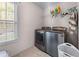 Laundry room features modern washer and dryer, wire shelves, and a bright window at 3920 Vine Gate Dr, Lithonia, GA 30038