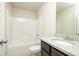 Bathroom featuring a granite countertop vanity and a shower-tub combo at 211 Lotus Ln, Covington, GA 30016