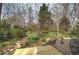 Landscaped backyard with wooden deck, pea gravel area, and flourishing plant life at 58 Knox Rd, Powder Springs, GA 30127