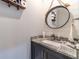 Nautical themed powder room featuring shiplap walls, granite vanity, and modern fixtures at 2418 Claude Brewer Rd, Loganville, GA 30052
