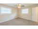 A bright bedroom with neutral walls, plush carpeting, two windows with blinds, and a ceiling fan at 3465 Tulip Dr, Decatur, GA 30032