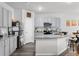 Modern kitchen with stainless steel appliances, granite countertops, and stylish grey cabinetry at 9122 Golfview Cir, Covington, GA 30014