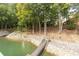 A wooden walkway leads to a private lakefront featuring a rocky shoreline and lush green trees at 6029 Shadburn Ferry Rd, Buford, GA 30518